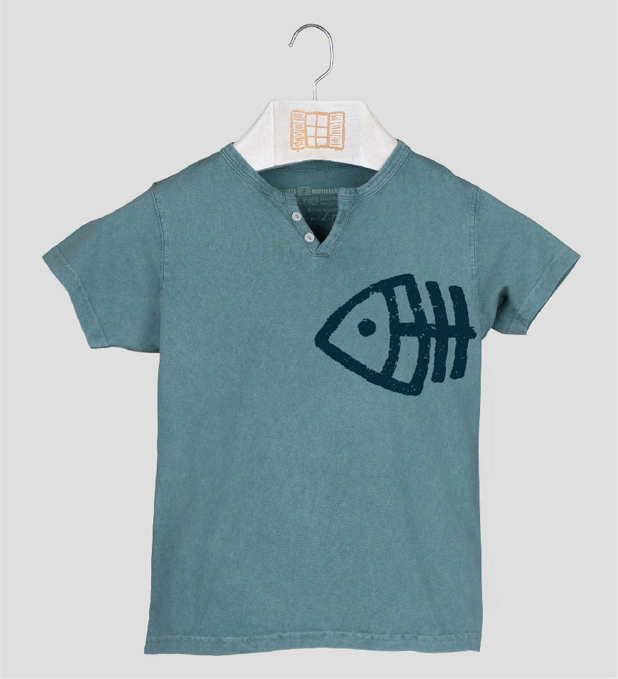 Camiseta cuello botones Niño Fisher - esmeralda