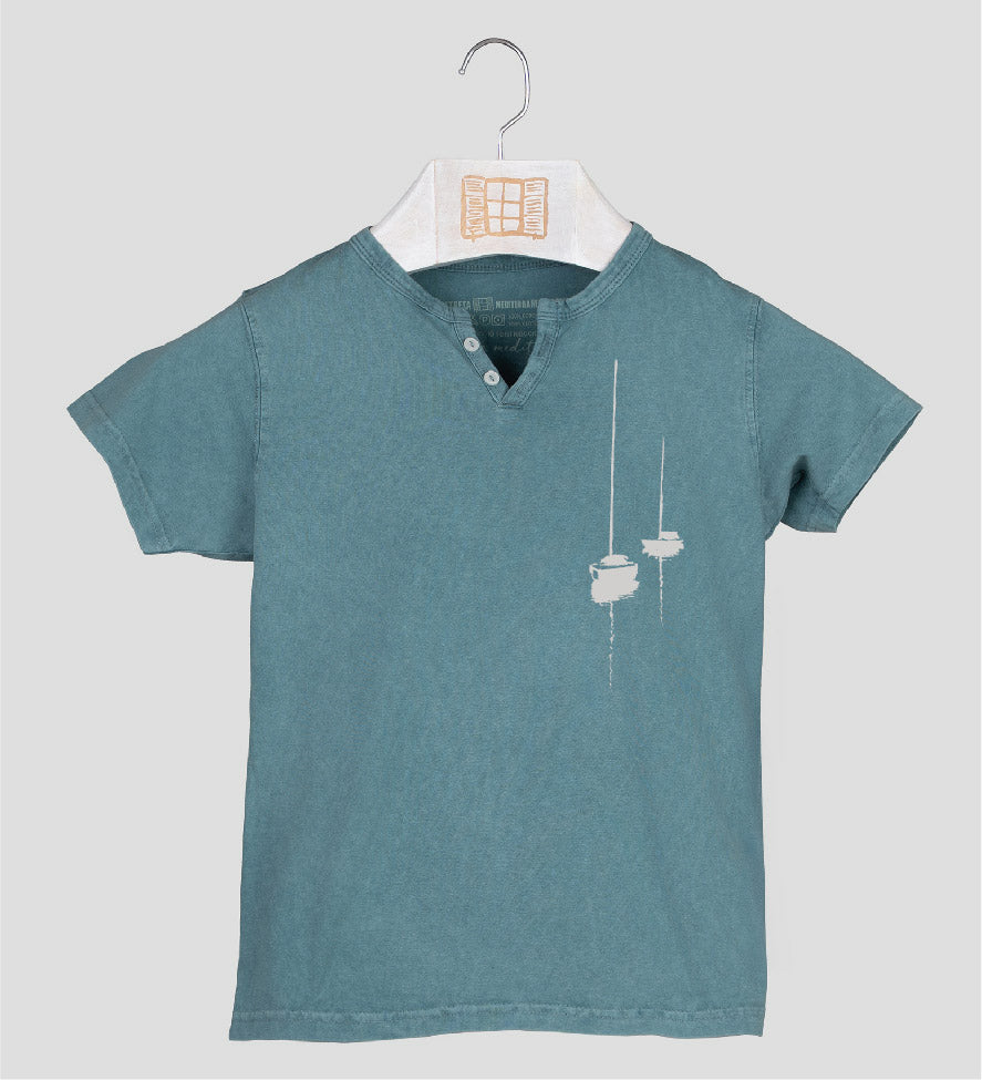 Camiseta cuello botones Niño Dragon - esmeralda