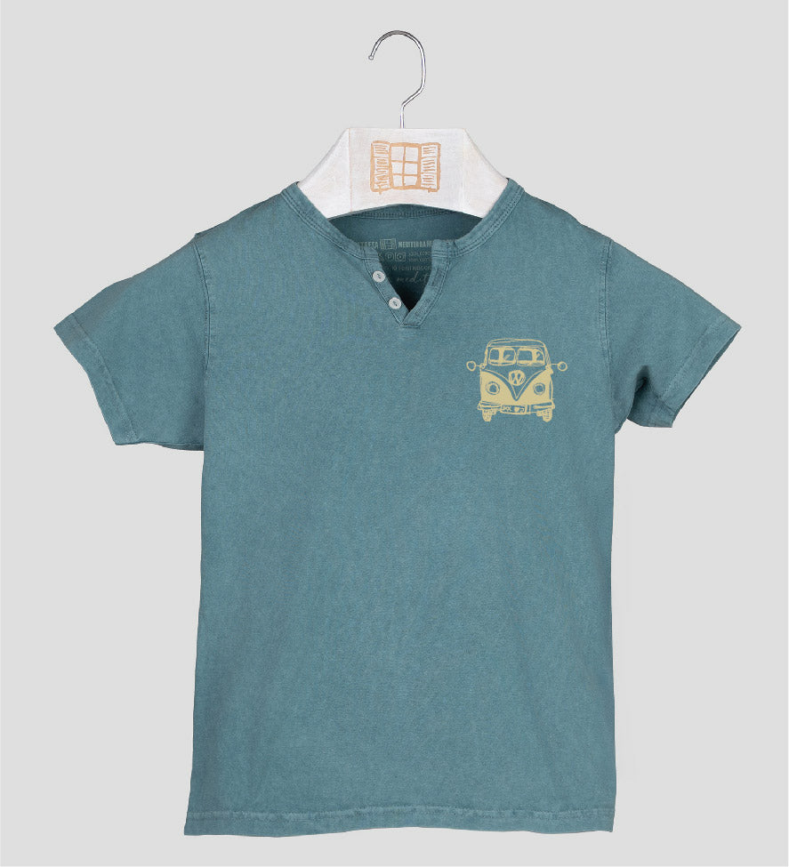 Camiseta cuello botones Niño Petitafurgo - esmeralda