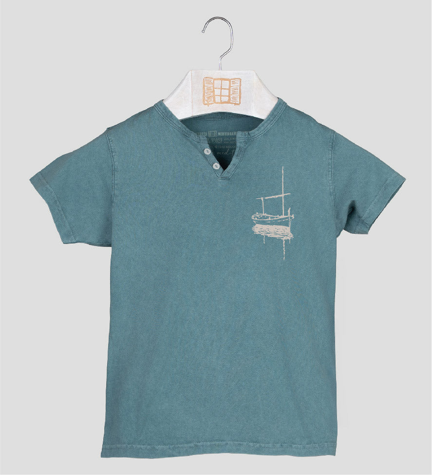 Camiseta cuello botones Niño Besitos - esmeralda