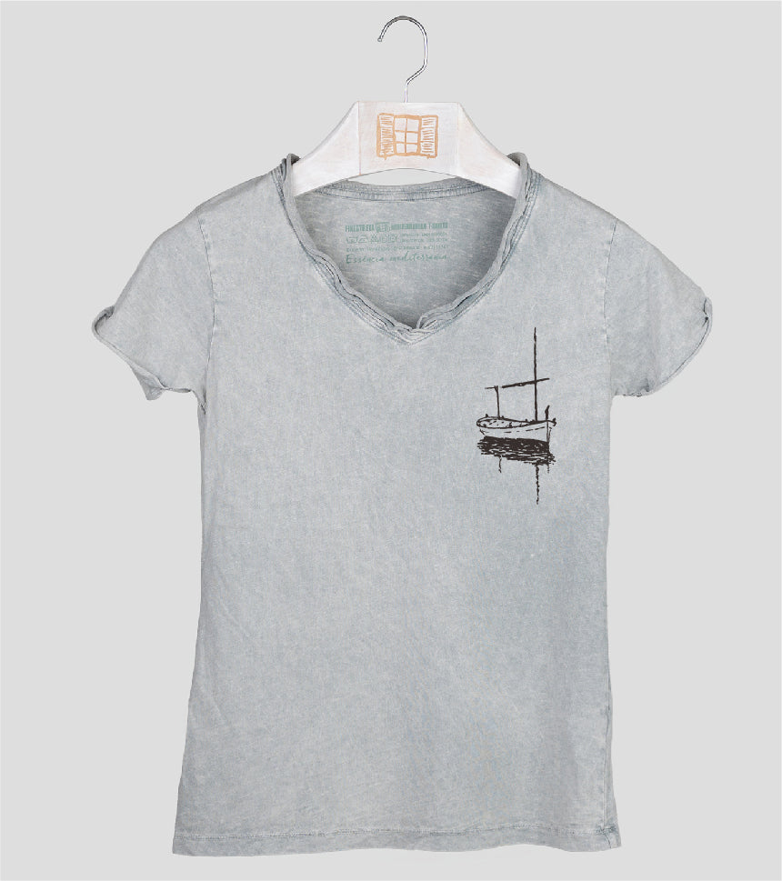 Camiseta cuello pico Mujer Besitos - gris