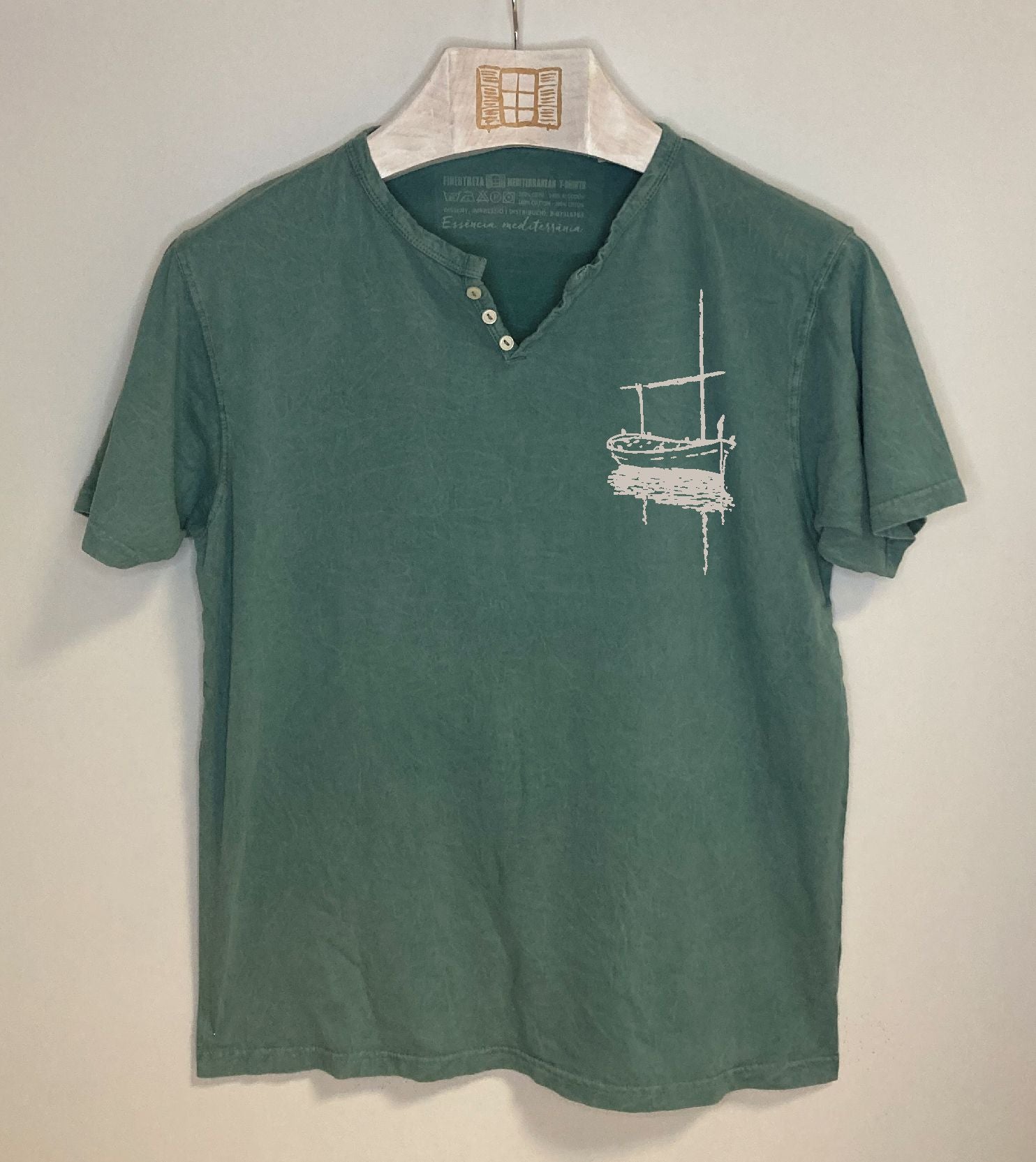 Camiseta cuello botones Besitos - esmeralda